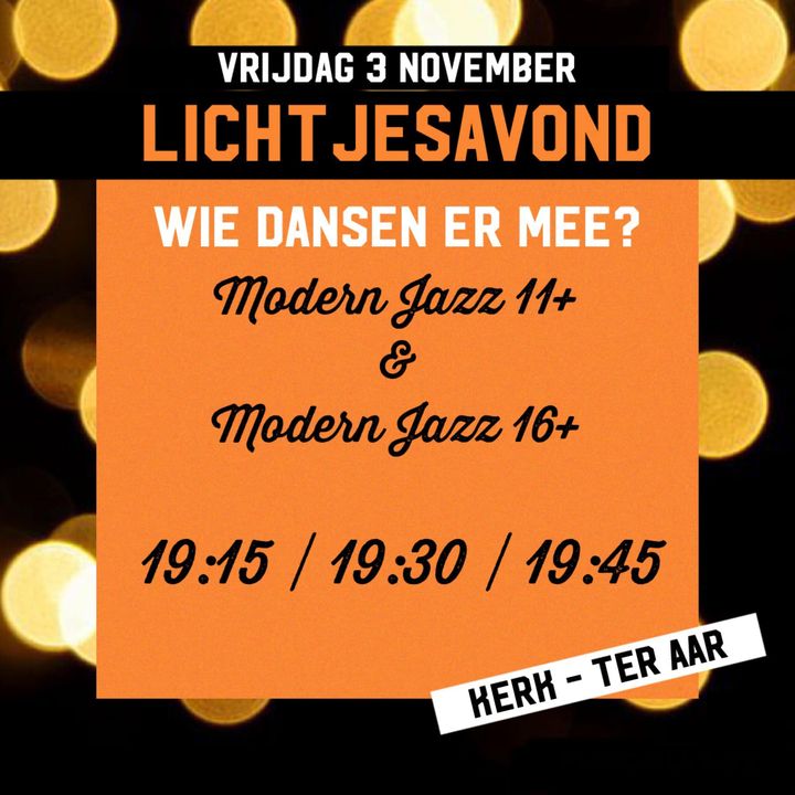 Wij staan vrijdag 3 november op de Lichtjesavond in Ter Aar (bij de kerk) en zullen daar 3x een prachtige moderne dans laten zien. Een mooi moment van samenkomen wordt daar gecreëerd en wij versterken dat met mooie maar ook energieke muziek en bijpassende kostuums!🧡