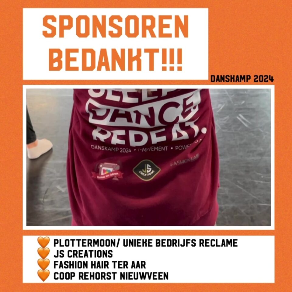 🧡SPONSOREN BEDANKT!🧡Zonder onze sponsoren van *Fashion Hair Ter Aar, JS Creations en Plottermoon/Unieke bedrijfs reclame* hadden wij niet zo’n mega leuke kamptrui gehad, dus willen we jullie onwijs bedanken! Jullie zullen al deze dansers nog wel vaker in deze trui zien lopen denk ik…😍En natuurlijk ook super fijn dat Coop Rehorst een deel van de boodschappen wilde sponsoren! We hebben ervan genoten!👌🏼🧡