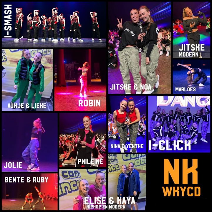 🧡NK WKYCD🧡We hebben dit seizoen onwijs ons best gedaan met meerdere solo’s en duo’s en natuurlijk onze groepen i-Smash en i-Click. Zie hier iedereen die geselecteerd is voor het NK van ‘We Know You Can Dance’ op 2 juni!! Zo ontzettend knap!😍Hieronder nog een overzichtje:Groepen hiphop:i-Smash (11-12 jaar) @i_smash_dcim i-Click (13-14 jaar) @i_click_dcim Solo’s hiphop:Jolie (11-12 jaar)Robin (13-14 jaar)Marloes (15+)Phileine (15+)Duo’s hiphop:Yenthe & Nina (11-12 jaar)Bente & Ruby (11-12 jaar)Kaya & Elise (13-14 jaar)Jitske & Noa (15+)Aukje & Lieke (15+)Solo modern:Jitske (15+)Duo modern:Elise & Kaya (13-14 jaar)Ook alle solo’s en duo’s die niet geselecteerd zijn hebben onwijs hun best gedaan! Trots op jullie allemaal!😍🔥🏆