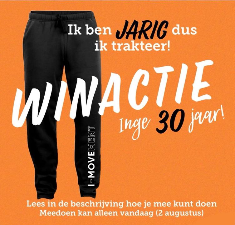 WINACTIE want ik ben JARIG!🎉🧡Als je jarig bent ga je vaak trakteren… en aangezien ik dat niet in de lessen kan doen omdat ik AL-TIJD in de zomervakantie jarig ben, doe ik het op deze manier!Wat is er te winnen?—> Deze té gave nieuwe broek(en) van i-Movement!Hoe kan je meedoen?—> Stap 1: Like deze post—> Stap 2: Laat in een reactie weten waarom jij deze broek zou willen winnen—> Stap 3: Tag iemand (in diezelfde reactie) die jij ook zo’n broek gunt.Je wint deze keer namelijk niet alleen, maar je wint samen met degene die jij getagd hebt!—> Voorwaarden: Je mag maar 1x reageren (als je meer reacties geeft zal er maar 1 willekeurige deelname mee worden genomen in de “pot”) en je mag dus ook maar 1 iemand taggen. —> De actie is alleen op 2 augustus! We nemen dus alleen alle reacties mee die geplaatst zijn op 2 augustus. —> Deze actie is geplaatst op Instagram en Facebook. De reacties gooien we op 1 hoop en daar komt dan 1 winnaar uit (+ de getagde persoon)Succes en nog een hele fijne vakantie😍