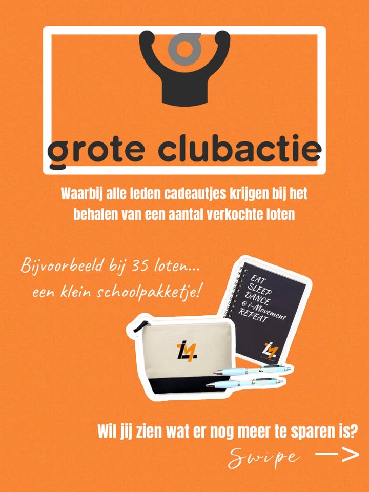 💙🧡 GROTE CLUBACTIE 🧡💙De grote clubactie gaat zaterdag van start! Net als vorig jaar horen daar bij i-Movement natuurlijk superleuke cadeautjes bij. Spaar jij voor ons? Dan wordt je daar voor beloond met allemaal leuke spullen! Swipe om te zien wat er dit jaar te sparen is en hopelijk halen we met elkaar een mooi bedrag op!✨p.s. Lootjes verkopen is niet verplicht!